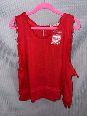 New In Red Frayed Edge Sleeveless Knit Boho Tank Top Size S